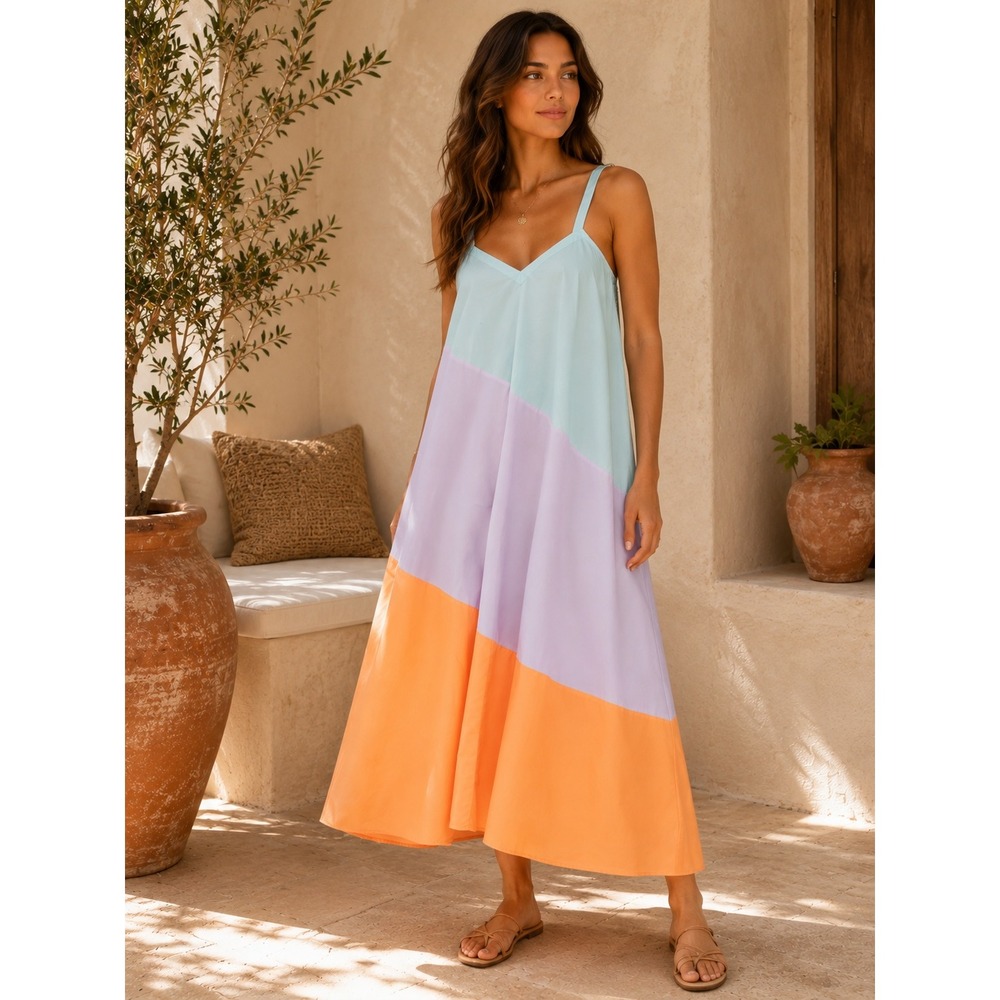 VEDA Dress Womens Petite Multicolor Pastel Maxi Colorblock Boho Summer